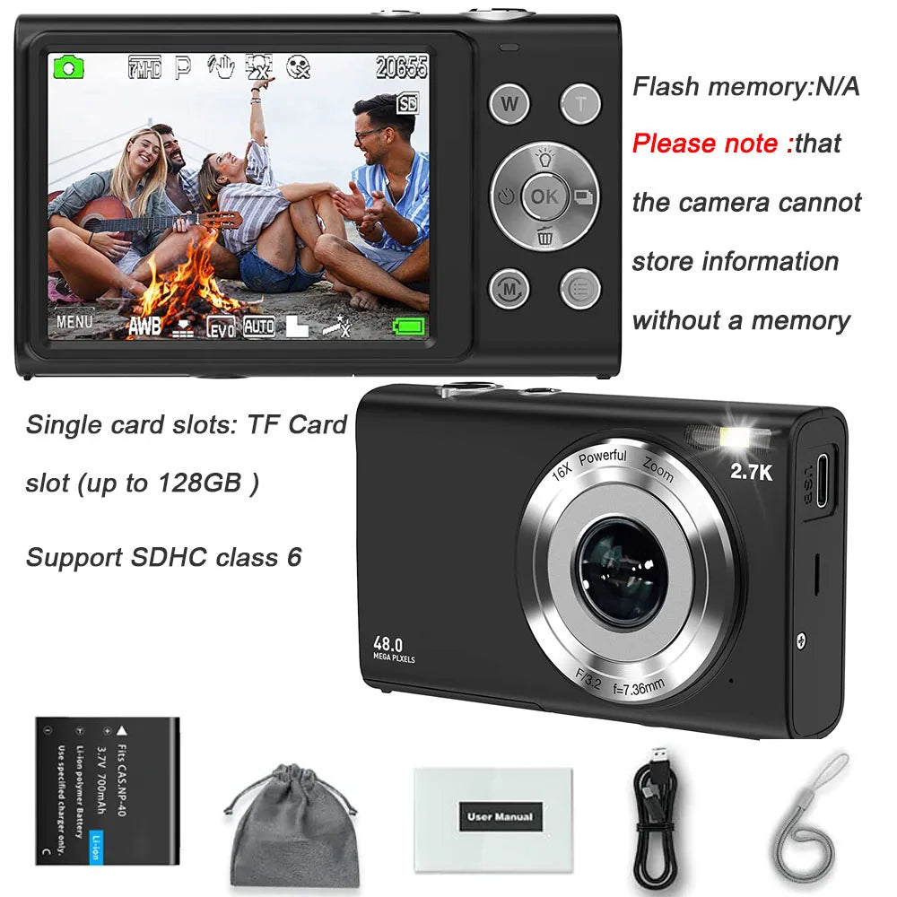 2.7K Digital Camera Autofocus Vlogging Camera HD 48MP with 2.8" Large Screen Camcorder Camera for Photography for Kid Adult